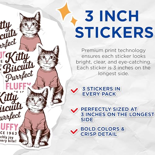 (3 Pack) Kitty Biscuits Decals - Cute Cat - Fluffy Animal - Cat Lover - 3 Inches On Longest Side - Easy Peel & Apply - Made in USA - 3MCS4664