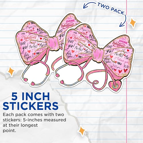 (2 Pack) Valentine Bow Stickers - Love You Stickers - Romantic Heart Stickers - 5" On Longest Side - Sticks to Any Smooth Flat Surface - Made in USA - BMCS2868