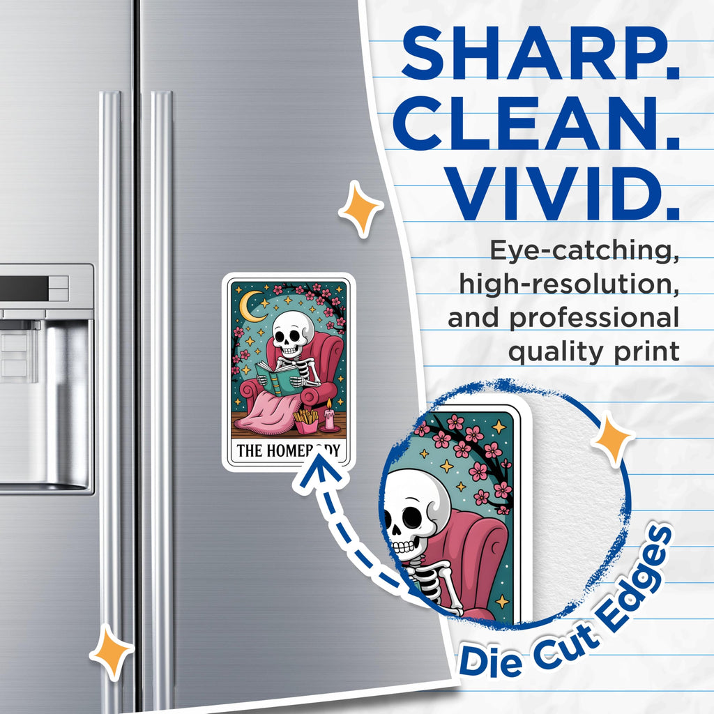 (2 Pack) Homebody Skeleton Magnets - Tarot Card Aesthetic - Cozy Reading Bookworm Decor - Moon Stars Cherry Blossom - 5 Inches On Longest Side - Thick Durable Magnet - Made in USA - MAG22917