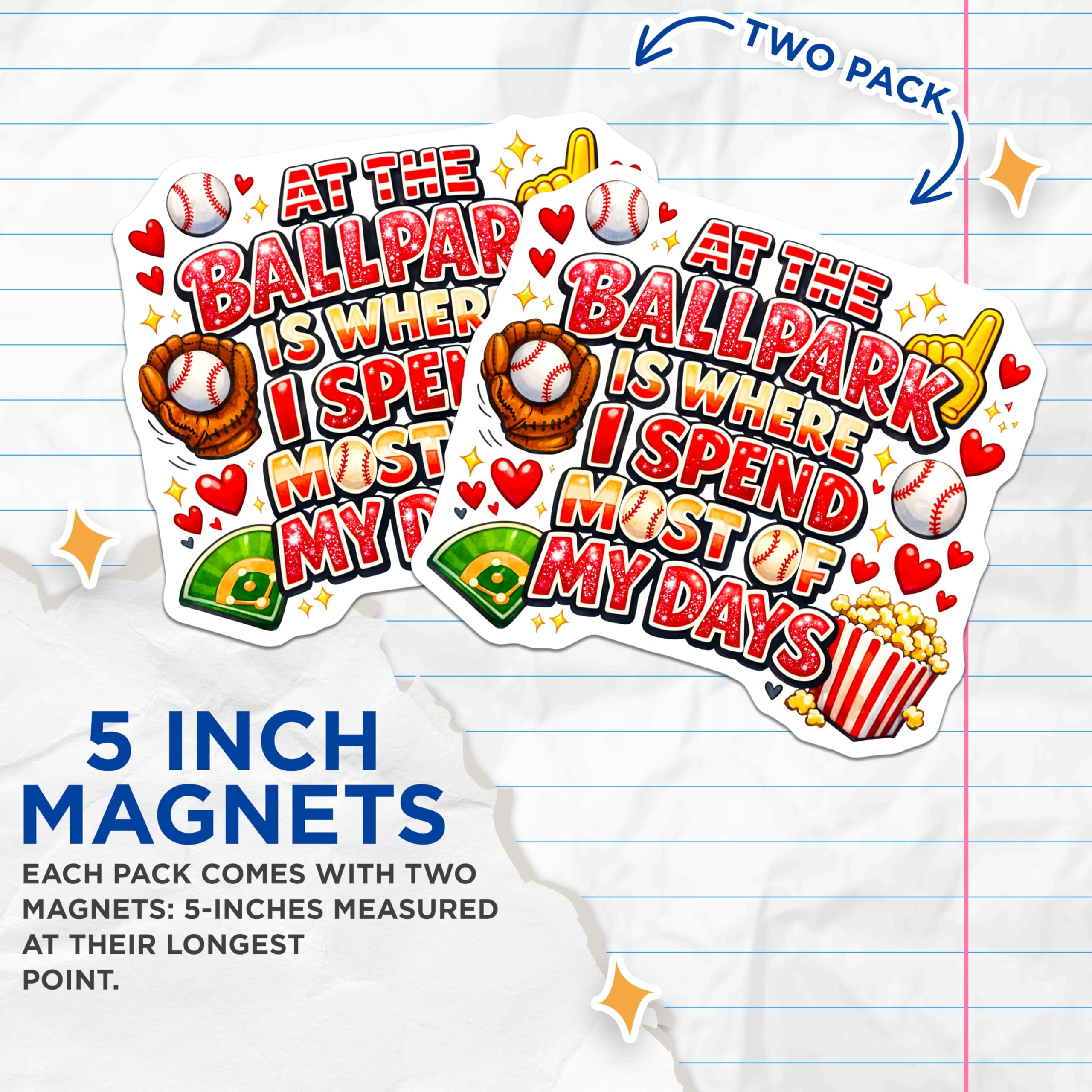 (2 Pack) Baseball Fan Magnets - Ballpark Life Quote Art - Sports Game Day Refrigerator Locker Decor - 5 Inches On Longest Side - Thick Durable Magnet - Made in USA - MAG25695