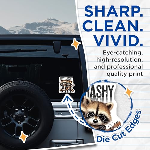 (2 Pack) Stay Trashy Raccoon Stickers - Rock and Roll Stickers - Cute Animal Stickers - 5" On Longest Side - Sticks to Smooth Flat Surfaces - Made in USA - BMCS5328