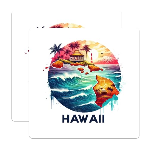 (2 Pack) Hawaii Vacation Stickers - Hawaiian Islands - Tropical Beach Art Stickers - 5" On Longest Side - Sticks to Smooth Flat Surfaces - Made in USA - BMCS5062