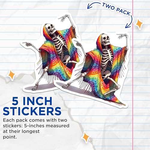 (2 Pack) Skeleton Rainbow Poncho Stickers - Skeleton Celebrating - Colorful Day of The Dead Sticker - 5" On Longest Side - Sticks to Smooth Flat Surfaces - Made in USA - BMCS7073