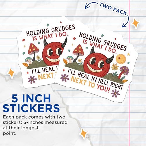 (2 Pack) Funny Devil Holding Grudges Stickers - Quirky Hell Healing Quote - Humorous Devilish Art Decal - 5" On Longest Side - Sticks to Smooth Flat Surfaces - Made in USA - BMCS5631
