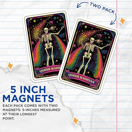 (2 Pack) Queer Magician Magnets - Rainbow Skeleton - LGBTQ+ Goth - Cosmic Skeleton Artwork - Vibrant Skeleton - 5" On Longest Side - for Cars, Fridges, Toolboxes - Made in USA - MAG4258