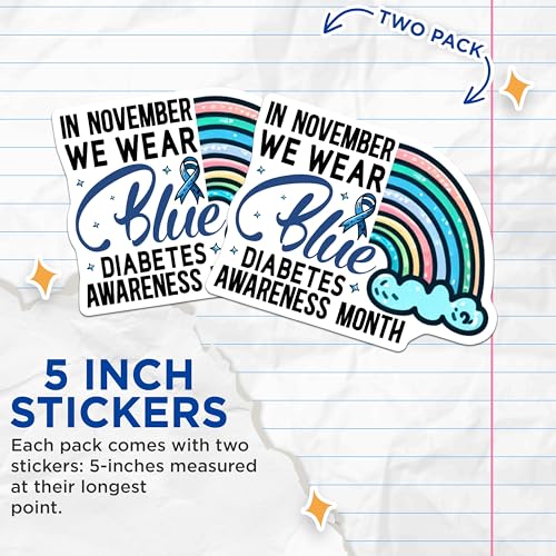 (2 Pack) Diabetes Awareness Month Stickers - Wear Blue Stickers - Diabetes Awareness Stickers - 5" On Longest Side - Sticks to Smooth Flat Surfaces - Made in USA - BMCS3828