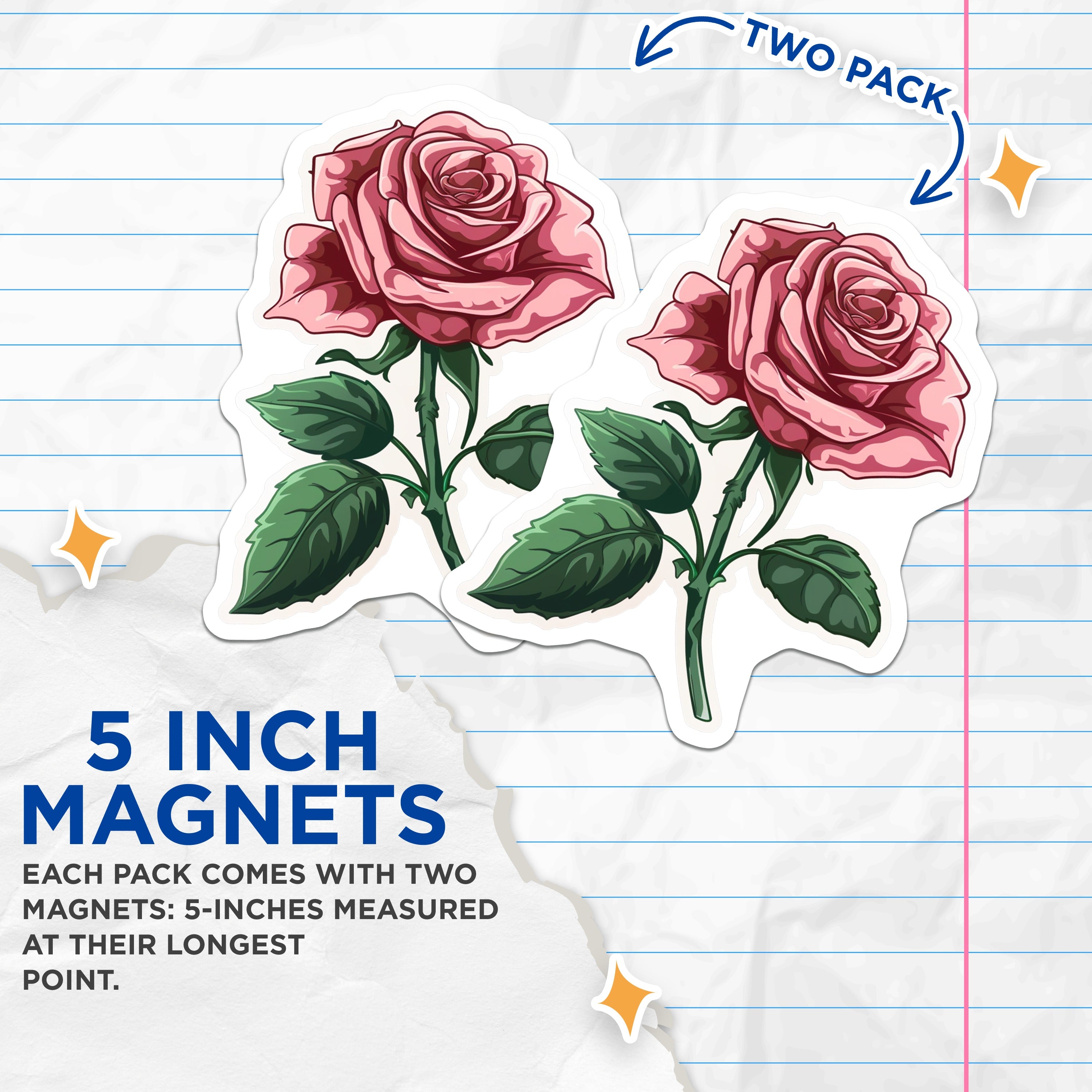 (2 Pack) Pink Rose Magnets - Floral Decor - Romantic Botanical Art - 5 Inches On Longest Side - Thick Durable Magnet - Made in USA - MAG39958