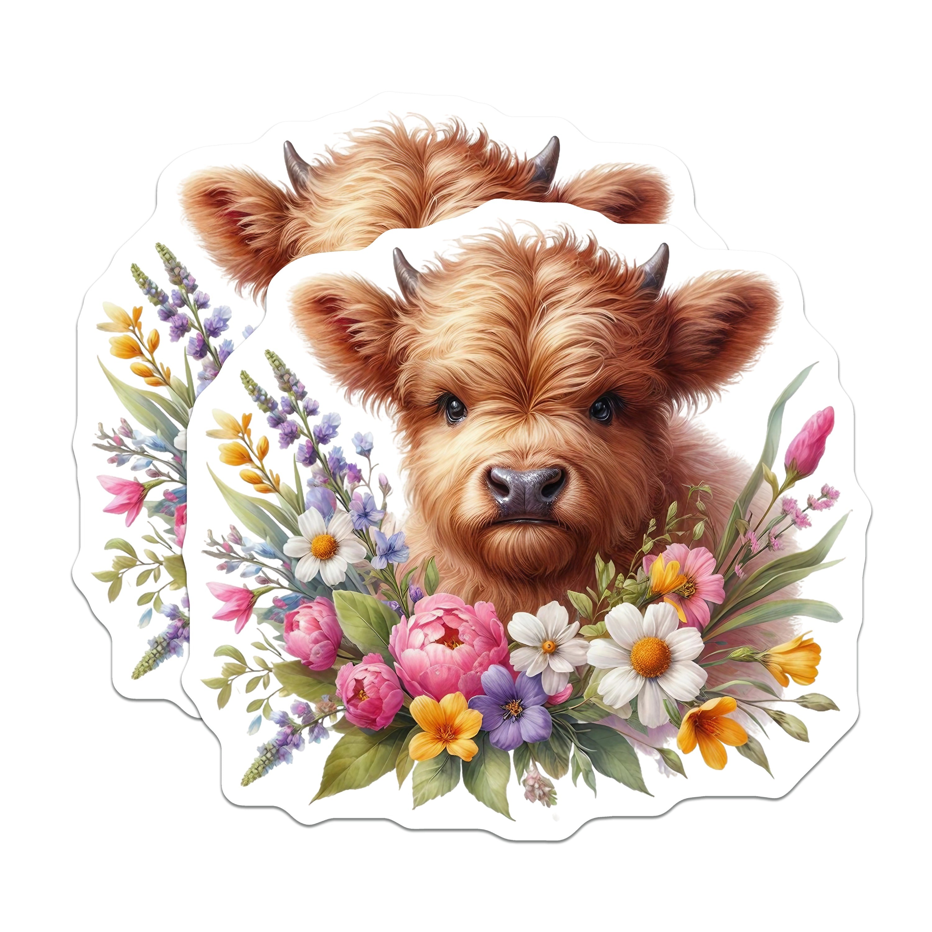 (2 Pack) Highland Cow Magnets - Floral Farmhouse Decor - Cute Animal Fridge Accent - 5 Inches On Longest Side - Thick Durable Magnet - Made in USA - MAG36192