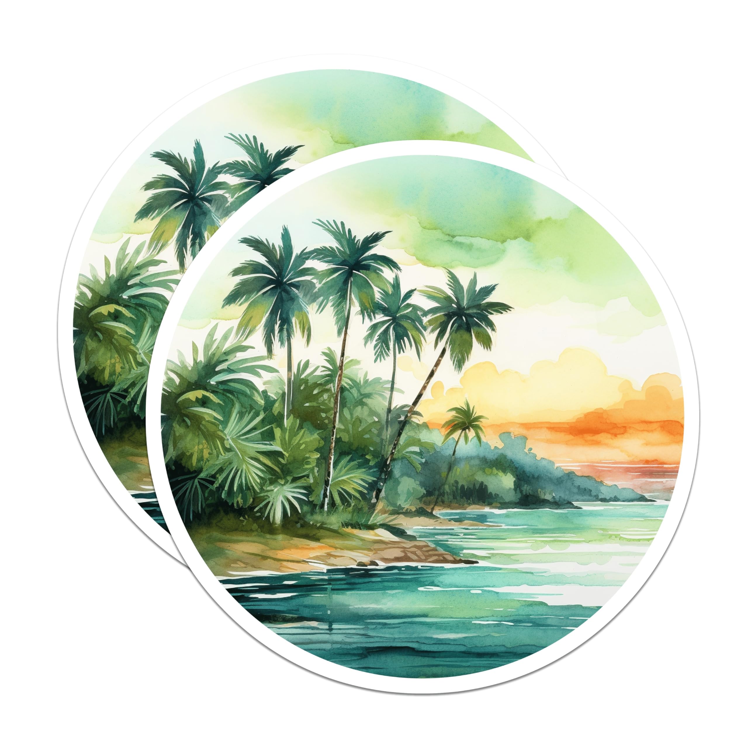 (2 Pack) Tropical Beach Scene Magnets - Watercolor Island Landscape Decor - Coastal Palm Tree Sunset Art - 5 Inches On Longest Side - Thick Durable Magnet - Made in USA - MAG20047