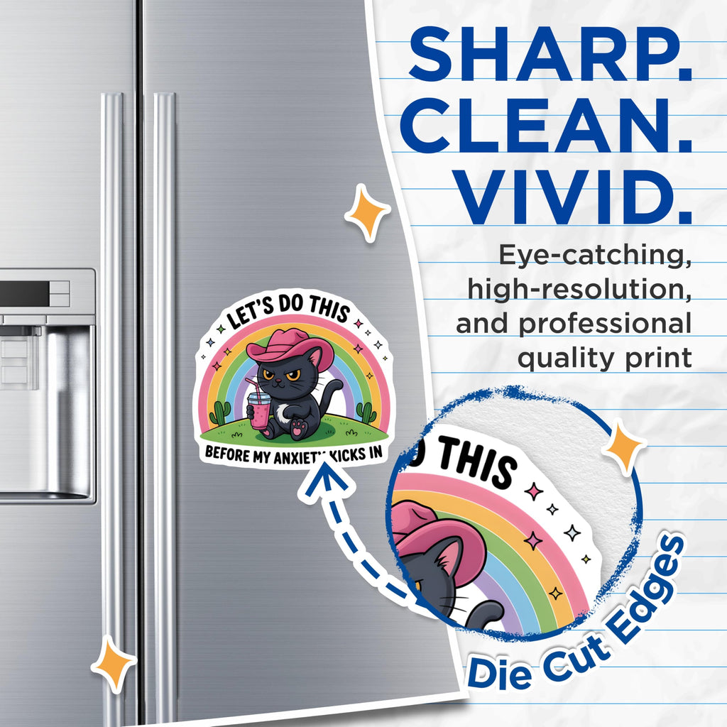 (2 Pack) Funny Cat Magnets - Let's Do This Before My Anxiety Kicks in Quote Decor - Pink Cowboy Hat Kitty Rainbow Cacti - 5 Inches On Longest Side - Thick Durable Magnet - Made in USA - MAG22488