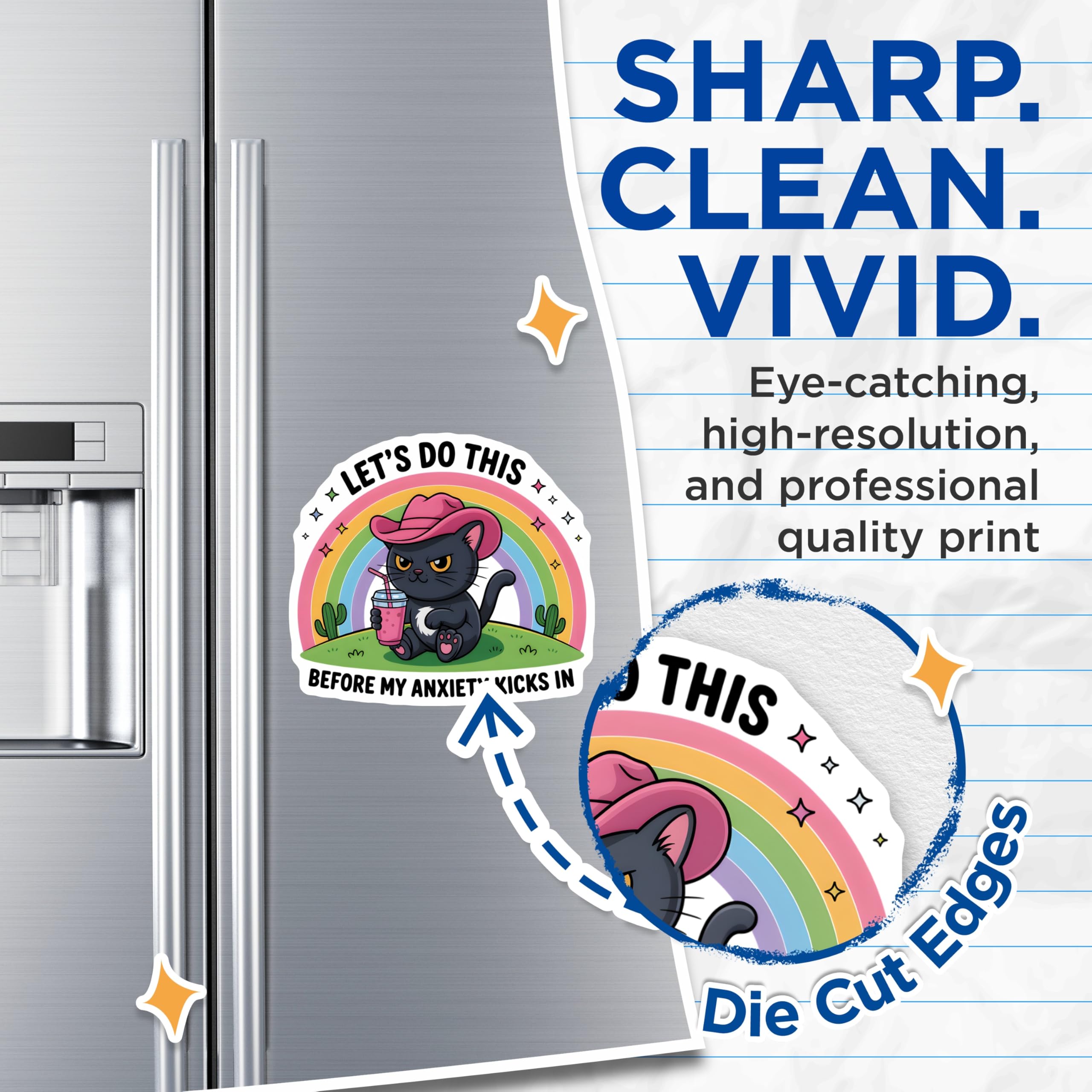(2 Pack) Funny Cat Magnets - Let's Do This Before My Anxiety Kicks in Quote Decor - Pink Cowboy Hat Kitty Rainbow Cacti - 5 Inches On Longest Side - Thick Durable Magnet - Made in USA - MAG22488