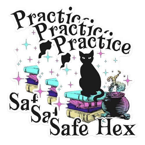 (3 Pack) Witchy Cat Decals - Practice Safe Hex - Magic Laptop Decals - 3 Inches On Longest Side - Easy Peel & Apply - Made in USA - 3MCS1384