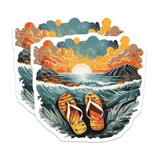 (2 Pack) Sunset Beach Stickers - Summer Ocean View - Flip Flops Art Sticker - 5" On Longest Side - Sticks to Smooth Flat Surfaces - Made in USA - BMCS9323