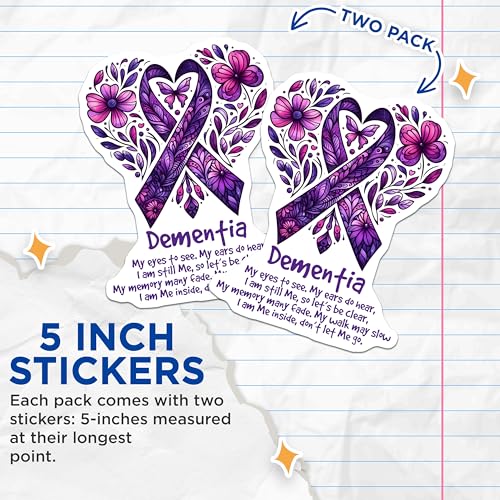 (2 Pack) Dementia Awareness Stickers - Purple Ribbon Sticker - Memory Loss Art Sticker - 5" On Longest Side - Sticks to Smooth Flat Surfaces - Made in USA - BMCS9785