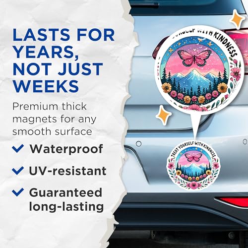 (2 Pack) Treat Yourself with Kindness Magnets - Motivational Butterfly Magnets - Nature Landscape Magnets - 5" On Longest Side - for Cars, Refrigerators, Toolboxes, Lockers - Made in USA BMCS3222