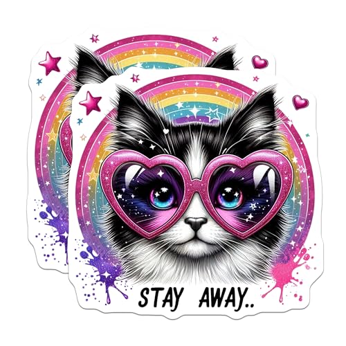 (2 Pack) Stay Away Cat Magnets - Cute Cat Magnets - Rainbow Cat Magnets - Heart Glasses Cat Magnets - 5" On Longest Side - for Cars, Fridges, Toolboxes - Made in USA - MAG4588