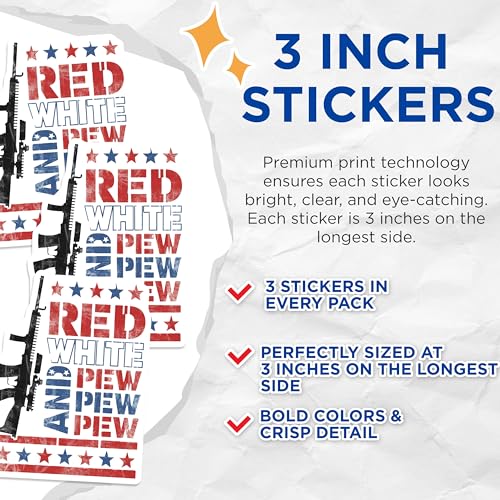 (3 Pack) Red White Pew Decals - Patriotic - American Flag - Gun Decals - 3 Inches On Longest Side - Easy Peel & Apply - Made in USA - 3MCS7931