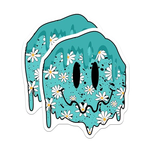 (2 Pack) Happy Face Stickers - Floral Smiley Face - Dripping Smile Sticker - 5" On Longest Side - Sticks to Smooth Flat Surfaces - Made in USA - BMCS6238