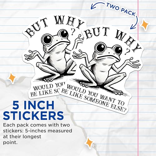 (2 Pack) Frog Meme Stickers - Why Frog - 5" On Longest Side - Sticks to Smooth Flat Surfaces - Made in USA - BMCS7611