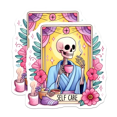 (2 Pack) Self Care Skeleton Stickers - Funny Skeleton Art - Humorous Self Care Illustration - 5" On Longest Side - Sticks to Smooth Flat Surfaces - Made in USA - BMCS9449
