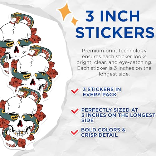 (3 Pack) Skull Snake Decals - Floral Skull - Laptop Decals- 3 Inches On Longest Side - Easy Peel & Apply - Made in USA - 3MCS5001