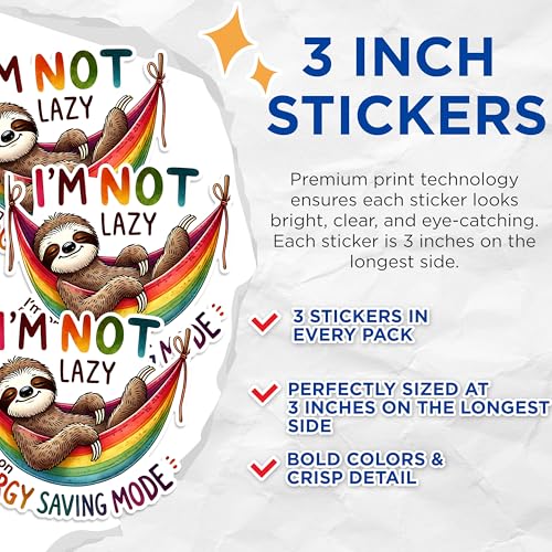 (3 Pack) Sloth Decals - I'm Not Lazy - Energy Saving Mode Decals - 3 Inches On Longest Side - Easy Peel & Apply - Made in USA - 3MCS1554