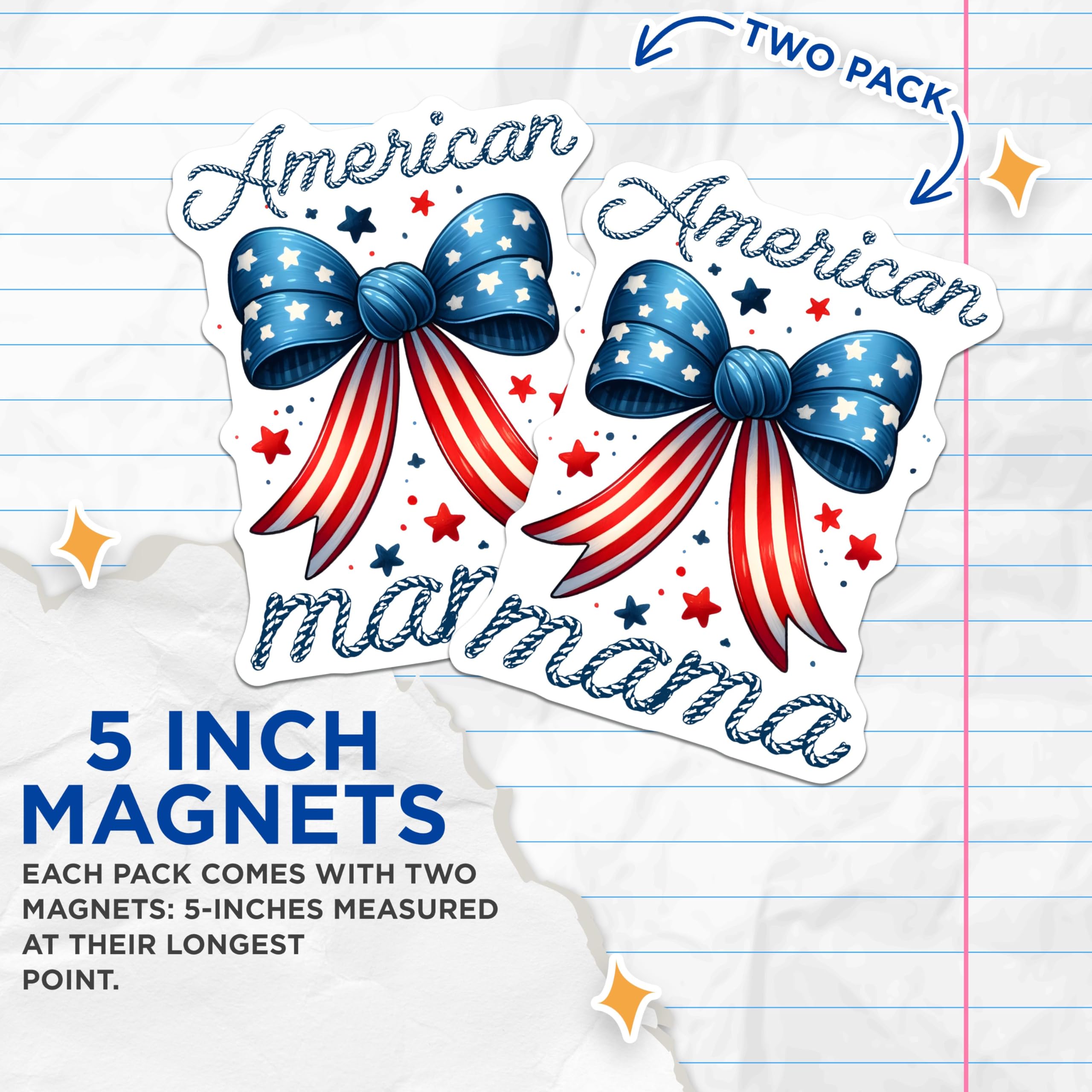 (2 Pack) American Mama Magnets - Patriotic Bow Design - Independence Day Decor - 5" On Longest Side - for Cars, Fridges, Toolboxes - Made in USA - MAG7439
