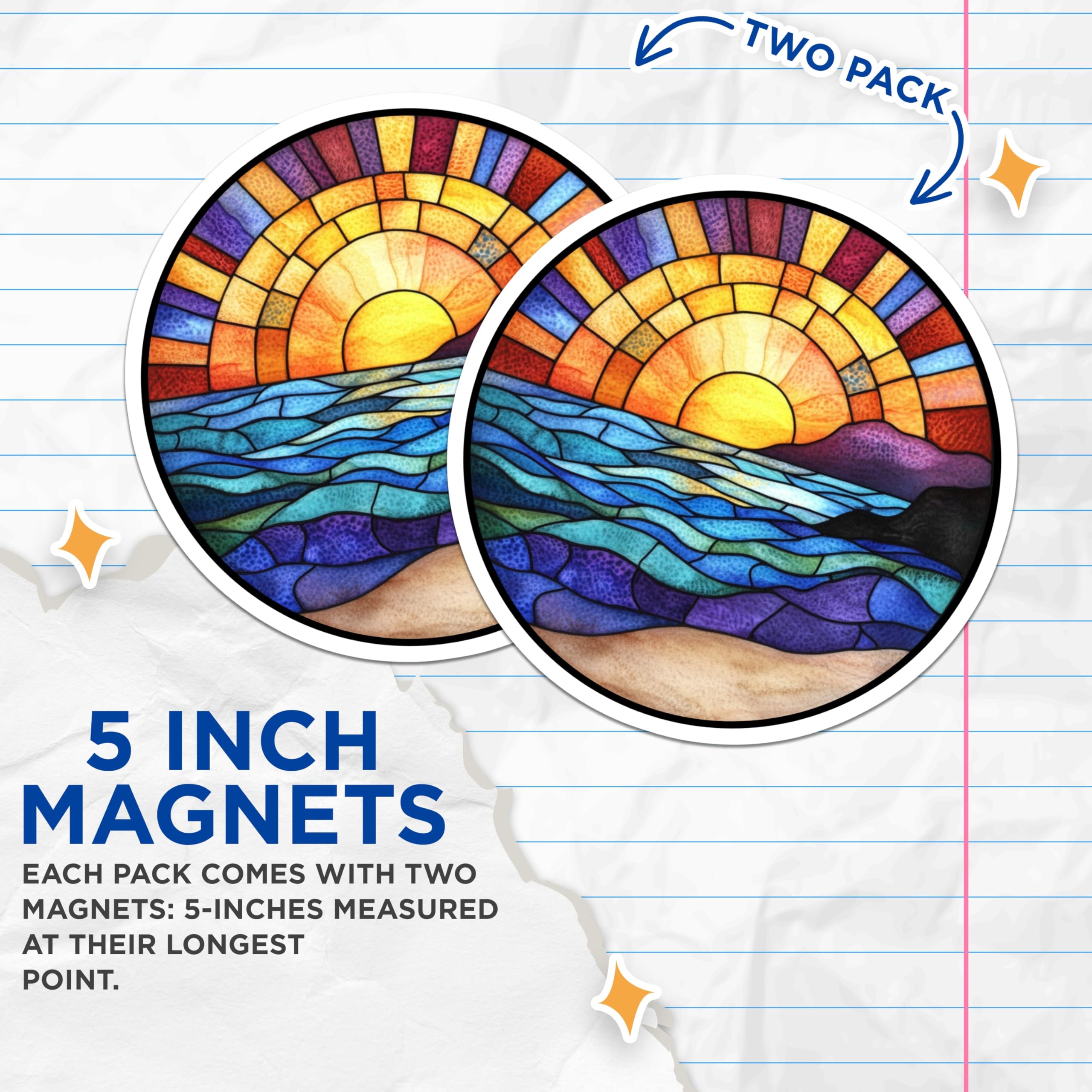 (2 Pack) Stained Glass Sunset Magnets - Ocean Waves Decor - Coastal Beach Art - 5 Inches On Longest Side - Thick Durable Magnet - Made in USA - MAG26058