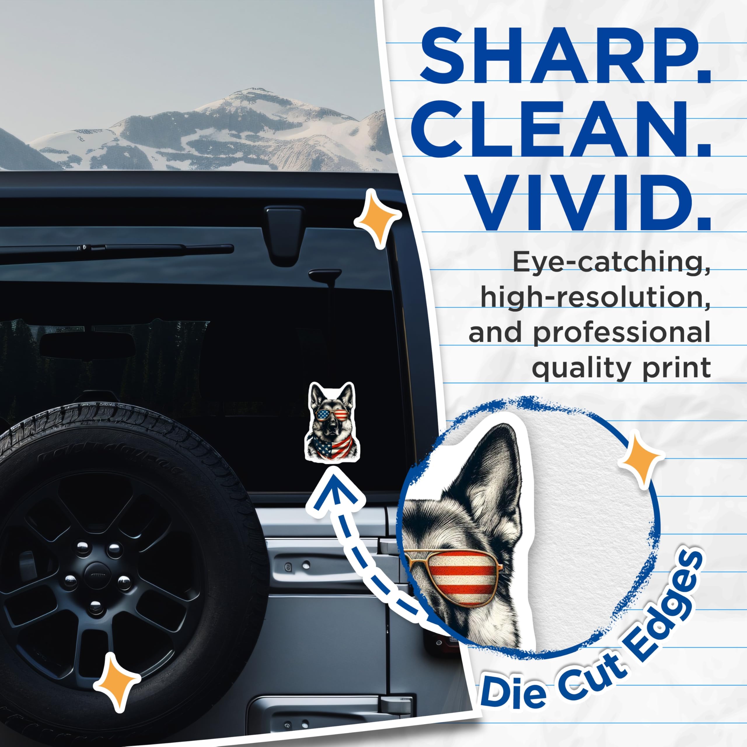 Patriotic German Shepherd Sticker, USA Flag Sunglasses, Dog Lover Gift, American Pride Decor, Cool Animal Sticker - 5" On Longest Side - Sticks to Smooth Flat Surfaces - Made in USA - BMCS14236