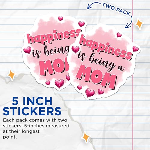 (2 Pack) Happiness is Being a Mom Stickers - Mother's Day - Cute Heart - 5" On Longest Side - Sticks to Smooth Flat Surfaces - Made in USA - BMCS8192