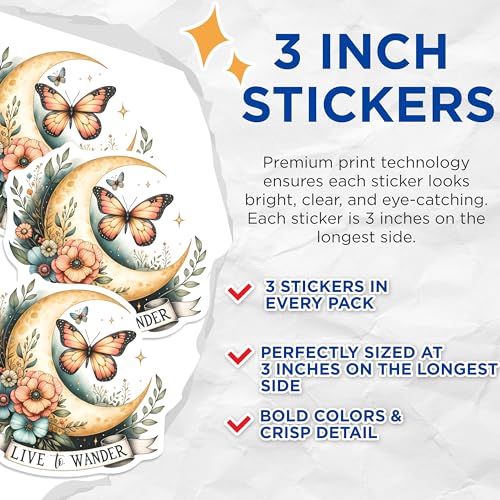 (3 Pack) Butterfly Moon Decals - Floral Laptop Decal - Live to Wander Sticker - 3 Inches On Longest Side - Easy Peel & Apply - Made in USA - 3MCS8491