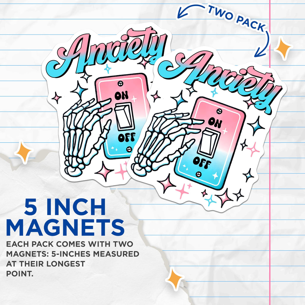 (2 Pack) Anxiety On Off Switch Magnets - Skeleton Hand - Fun Mental Health Awareness - Quirky Home Decor - 5" On Longest Side - for Cars, Fridges, Toolboxes - Made in USA - MAG7