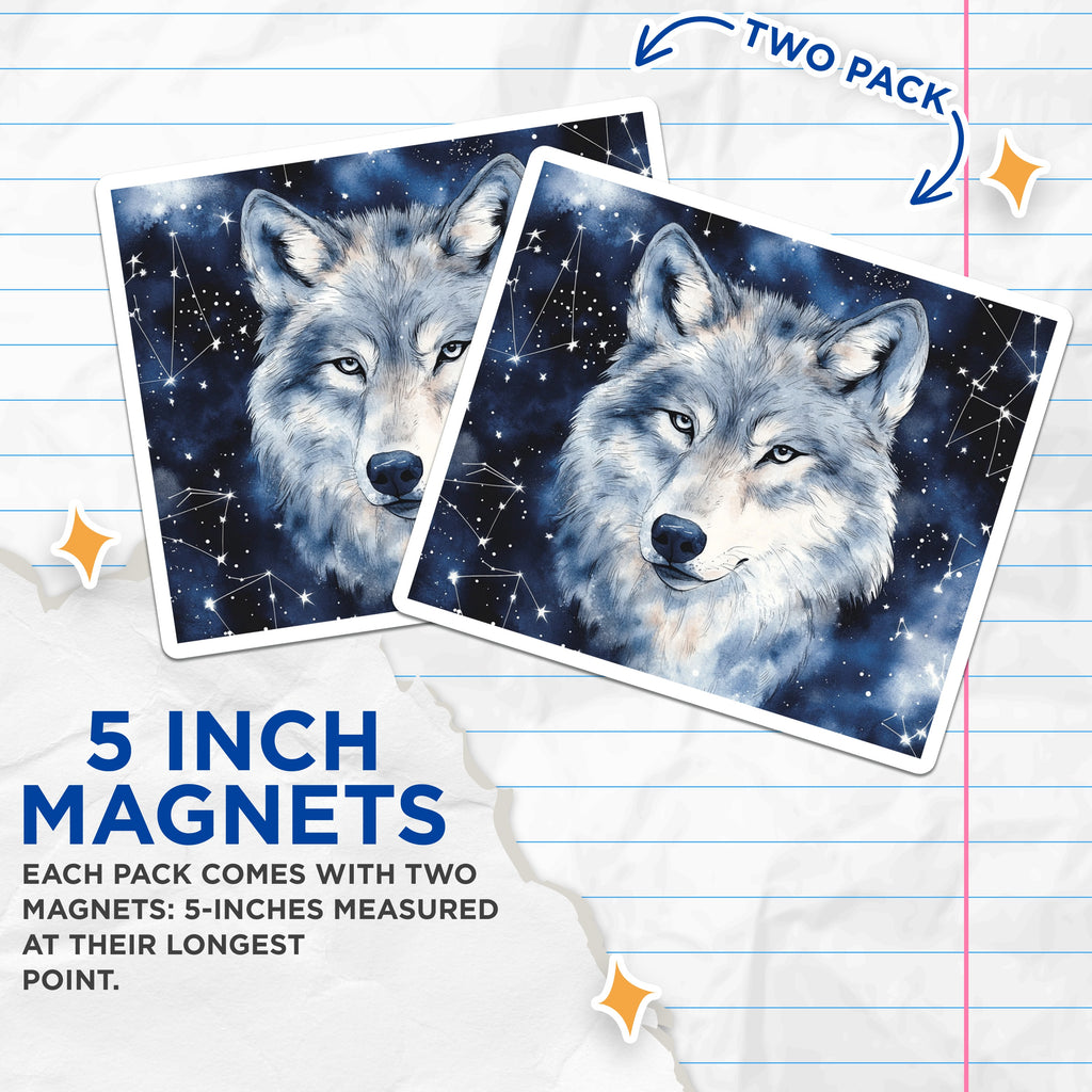 (2 Pack) Wolf Magnets - Celestial Decor - Spirit Animal Art - Nature Lover - Mystical Wildlife Scene - 5 Inches On Longest Side - Thick Durable Magnet - Made in USA - MAG37005