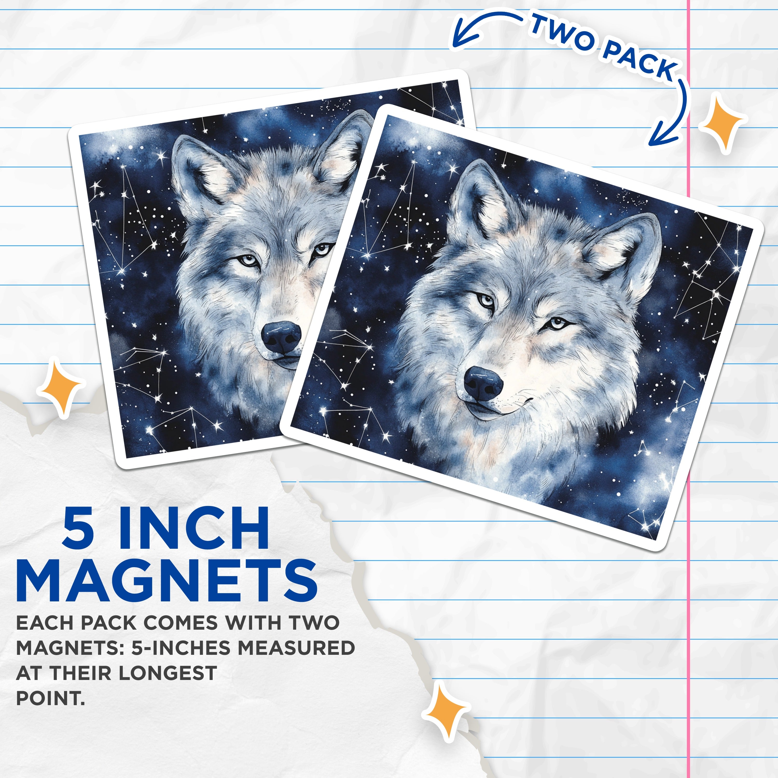 (2 Pack) Wolf Magnets - Celestial Decor - Spirit Animal Art - Nature Lover - Mystical Wildlife Scene - 5 Inches On Longest Side - Thick Durable Magnet - Made in USA - MAG37005
