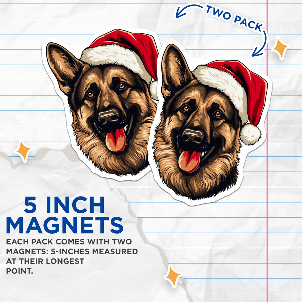 (2 Pack) German Shepherd Christmas Magnets - Santa Hat Dog - Pet Lover Holiday Decor - 5 Inches On Longest Side - Thick Durable Magnet - Made in USA - MAG29039