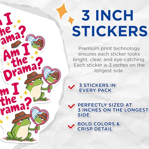 (3 Pack) Am I The Drama Frog Decals - Funny Frog Decal - Sarcastic Meme Decal - 3 Inches On Longest Side - Easy Peel & Apply - Made in USA - 3MCS8167