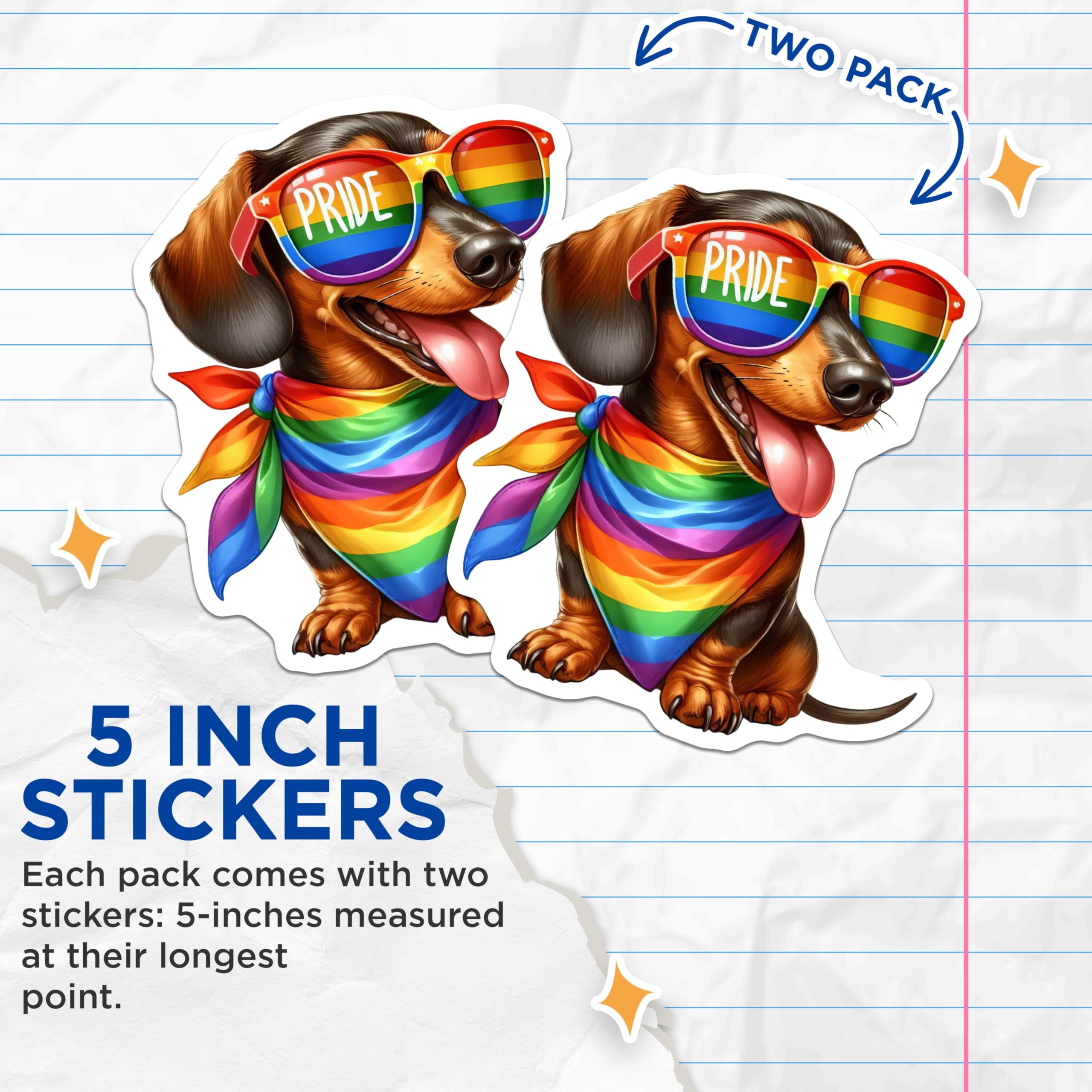 (2 Pack) Pride Dog Stickers - Rainbow Dachshund Decal - Cute Dog Wearing Sunglasses - 5" On Longest Side - Sticks to Smooth Flat Surfaces - Made in USA - BMCS6407