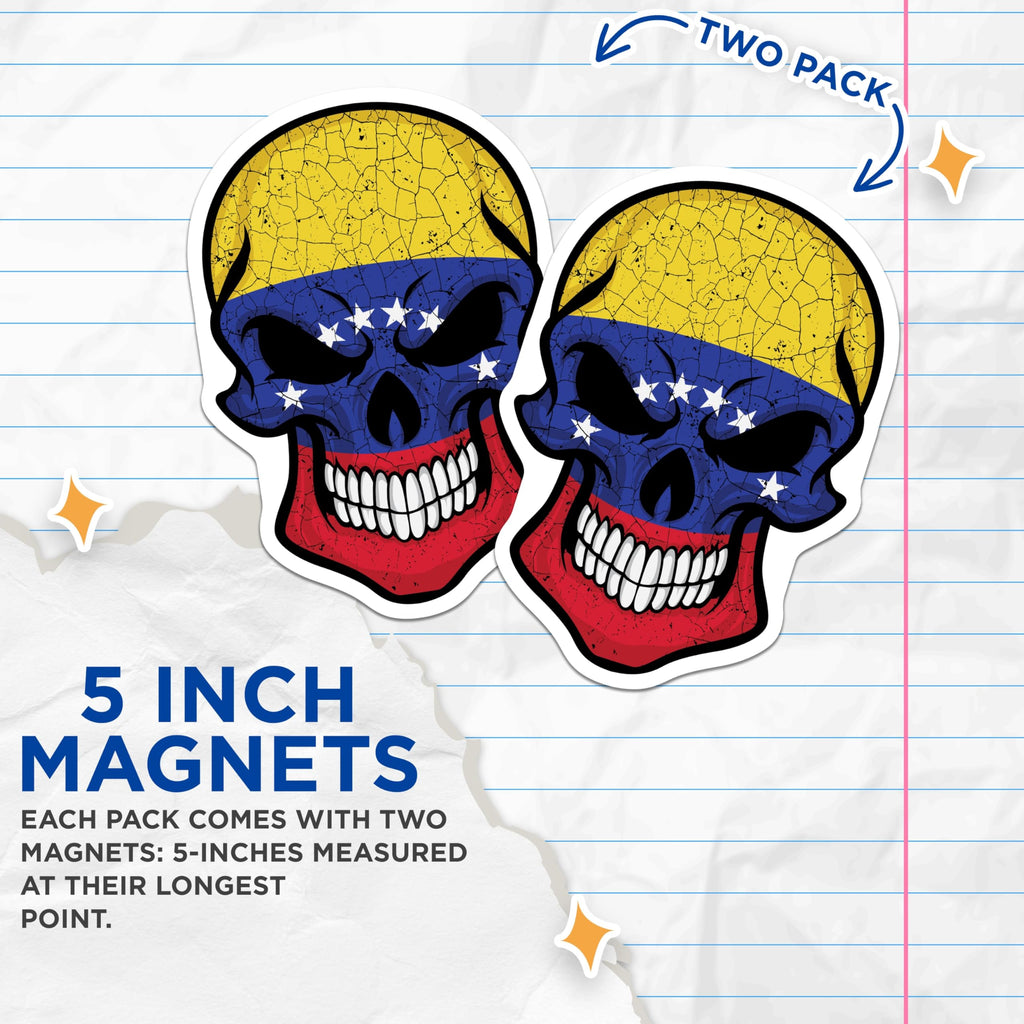 (2 Pack) Venezuela Flag Skull Magnets - Distressed Flag Design - National Pride Magnet - 5" On Longest Side - Premium Magnet - for Cars, Refrigerators, Toolboxes, Lockers - Made in USA - MAG18967
