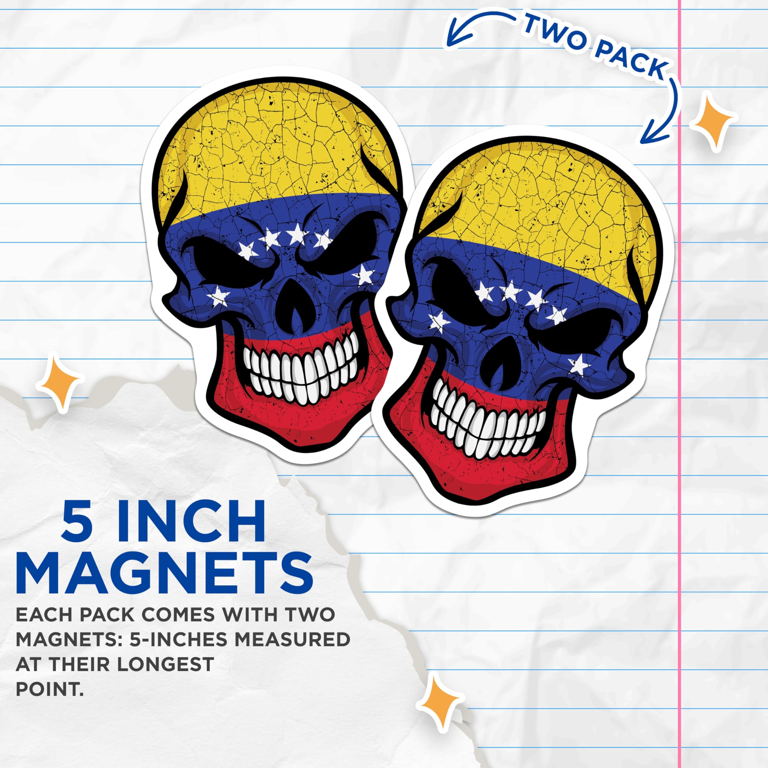 (2 Pack) Venezuela Flag Skull Magnets - Distressed Flag Design - National Pride Magnet - 5" On Longest Side - Premium Magnet - for Cars, Refrigerators, Toolboxes, Lockers - Made in USA - MAG18967