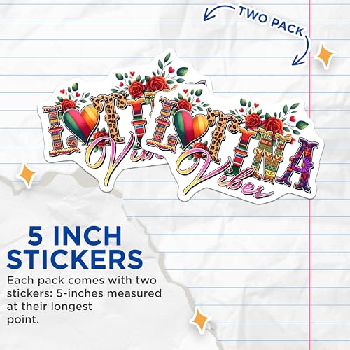 (2 Pack) Latina Vibes Stickers - Colorful Lettering - Floral Design - Latina Decor - 5" On Longest Side - Sticks to Smooth Flat Surfaces - Made in USA - BMCS8222