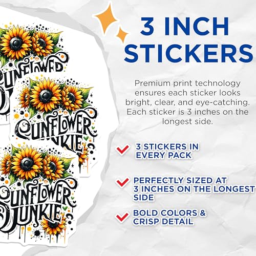 (3 Pack) Sunflower Junkie Decals - Floral Design - Laptop Decal - 3 Inches On Longest Side - Easy Peel & Apply - Made in USA - 3MCS6736