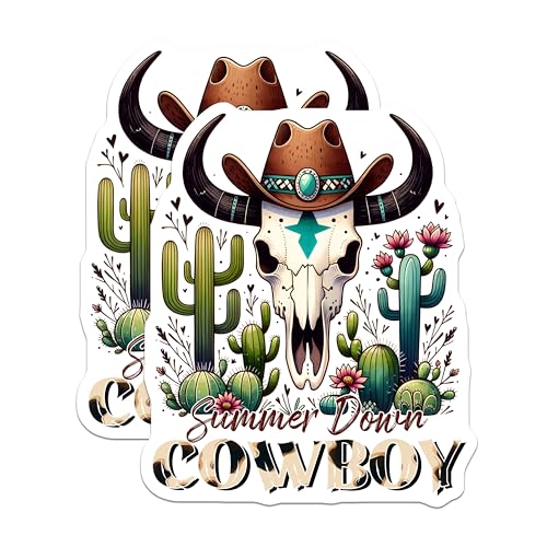 (2 Pack) Summer Down Cowboy Stickers - Western Skull Stickers - Cactus Cowboy Art Stickers - 5" On Longest Side - Sticks to Any Smooth Flat Surface - Made in USA - BMCS3145