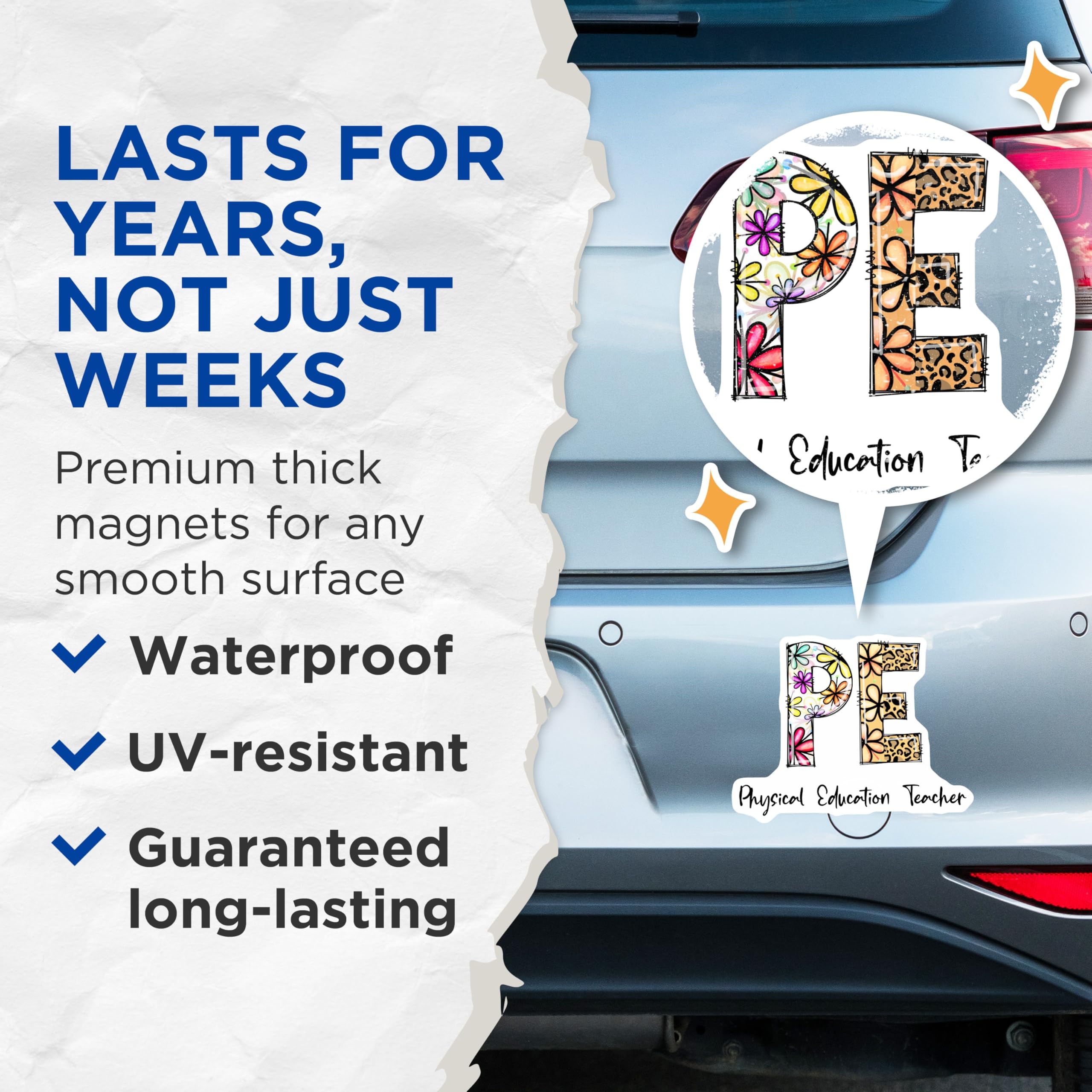 (2 Pack) PE Teacher Magnets - Physical Education - Floral Leopard Print - 5" On Longest Side - Premium Magnet - for Cars, Refrigerators, Toolboxes, Lockers - Made in USA - MAG14570