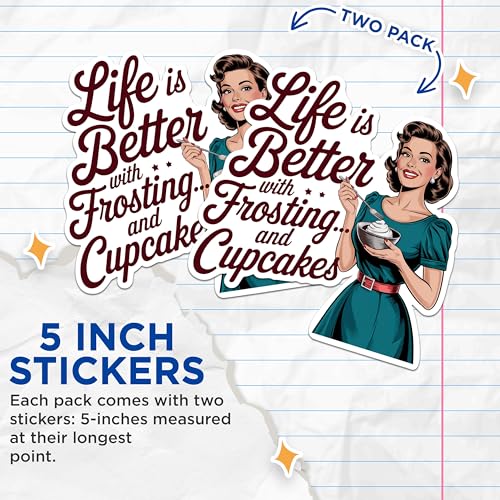 (2 Pack) Life is Better with Frosting Stickers - Cupcakes Lover Decorations - Retro Kitchen Art Stickers - 5" On Longest Side - Sticks to Any Smooth Flat Surface - Made in USA - BMCS2941