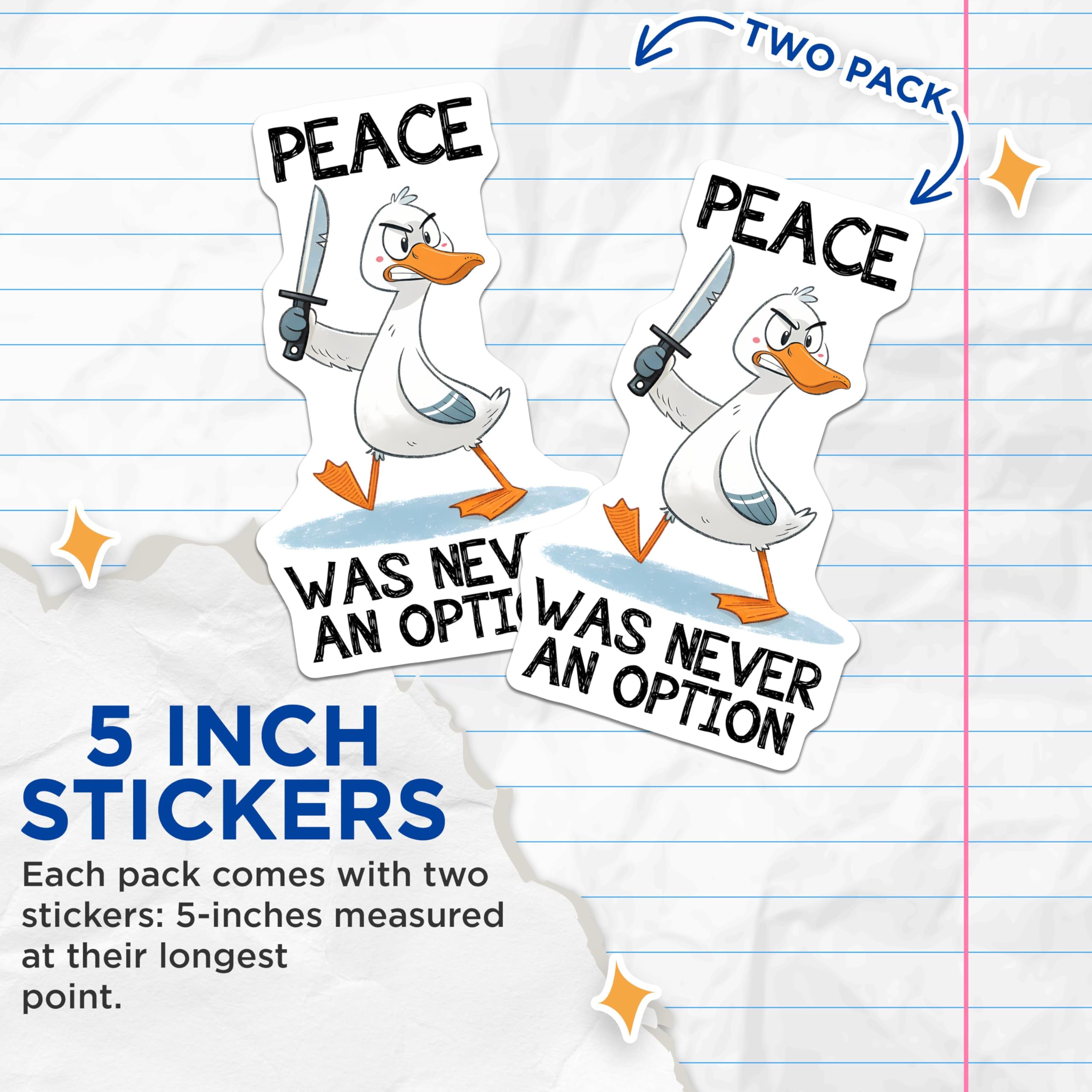 (2 Pack) Peace was Never an Option Stickers - Funny Duck Meme Stickers - Angry Duck Stickers for Laptop Car Water Bottle - 5" On Longest Side - Sticks to Smooth Flat Surfaces- Made in USA - BMCS3311