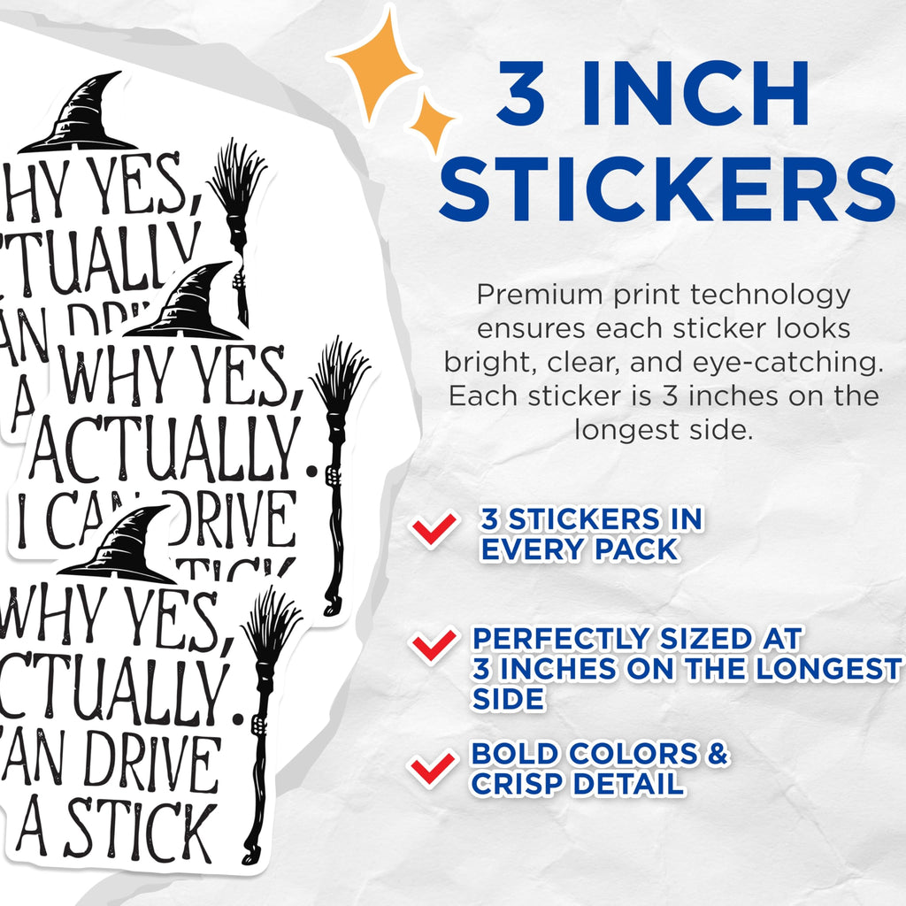 (3 Pack) Drive A Stick Decals - Witch Hat Decal - Halloween Decal - 3 Inches On Longest Side - Easy Peel & Apply - Made in USA - 3MCS4867
