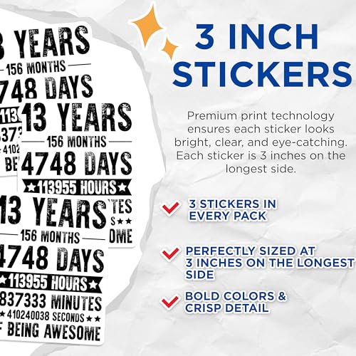 (3 Pack) 13 Years of Awesome Decals - Milestone Achievement - Birthday Celebration - 3 Inches On Longest Side - Easy Peel & Apply - Made in USA - 3MCS4634