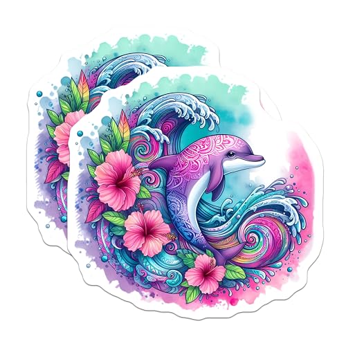 (2 Pack) Dolphin Mandala Stickers - Tropical Flower Stickers - Ocean Wave Art Stickers - 5" On Longest Side - Sticks to Smooth Flat Surfaces - Made in USA - BMCS9478