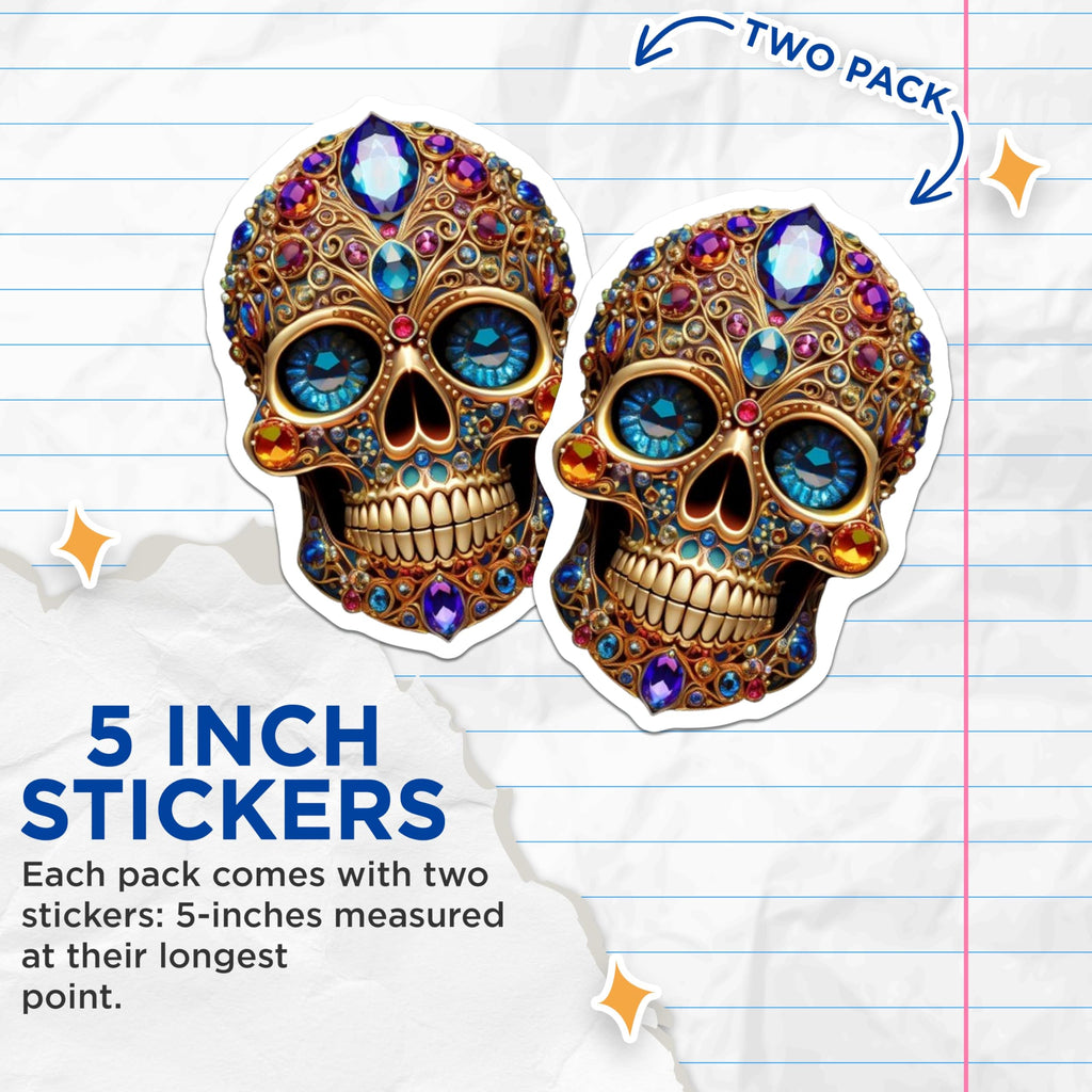 (2 Pack) Skull Stickers - Colorful Skull Art - 5" On Longest Side - Sticks to Smooth Flat Surfaces - Made in USA - BMCS8608 - BMCS8608
