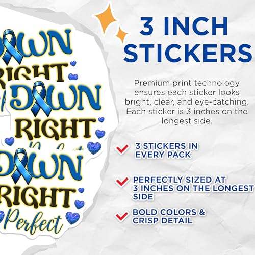 (3 Pack) Down Syndrome Decals - Awareness Ribbon - Heart Decals - 3 Inches On Longest Side - Easy Peel & Apply - Made in USA - 3MCS6965